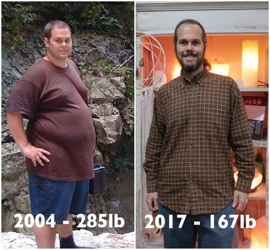 Before/after weight loss transformation photos: 285 lbs in 2004 to 167 lbs in 2017, showing dramatic health improvement.