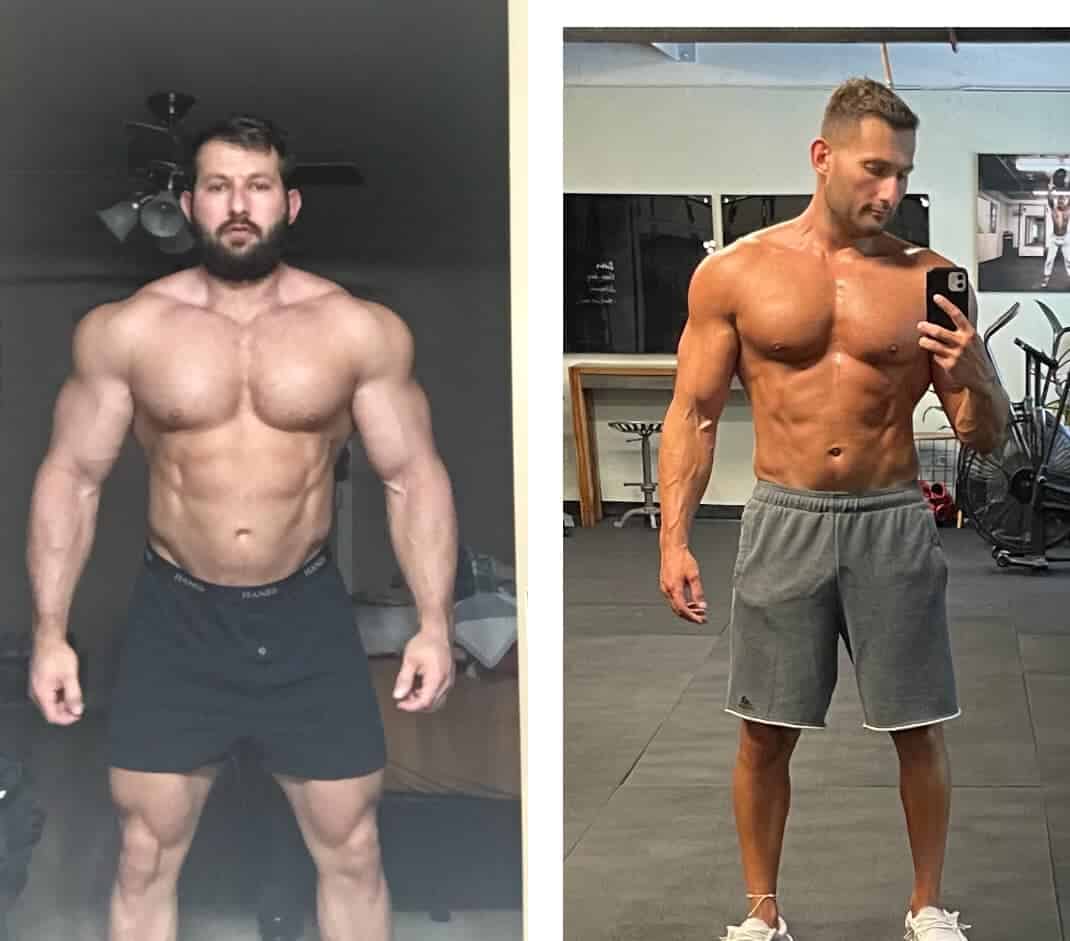 A side-by-side comparison showing a person's physique transformation: left shows a bulkier build, right shows a leaner, more defined look.