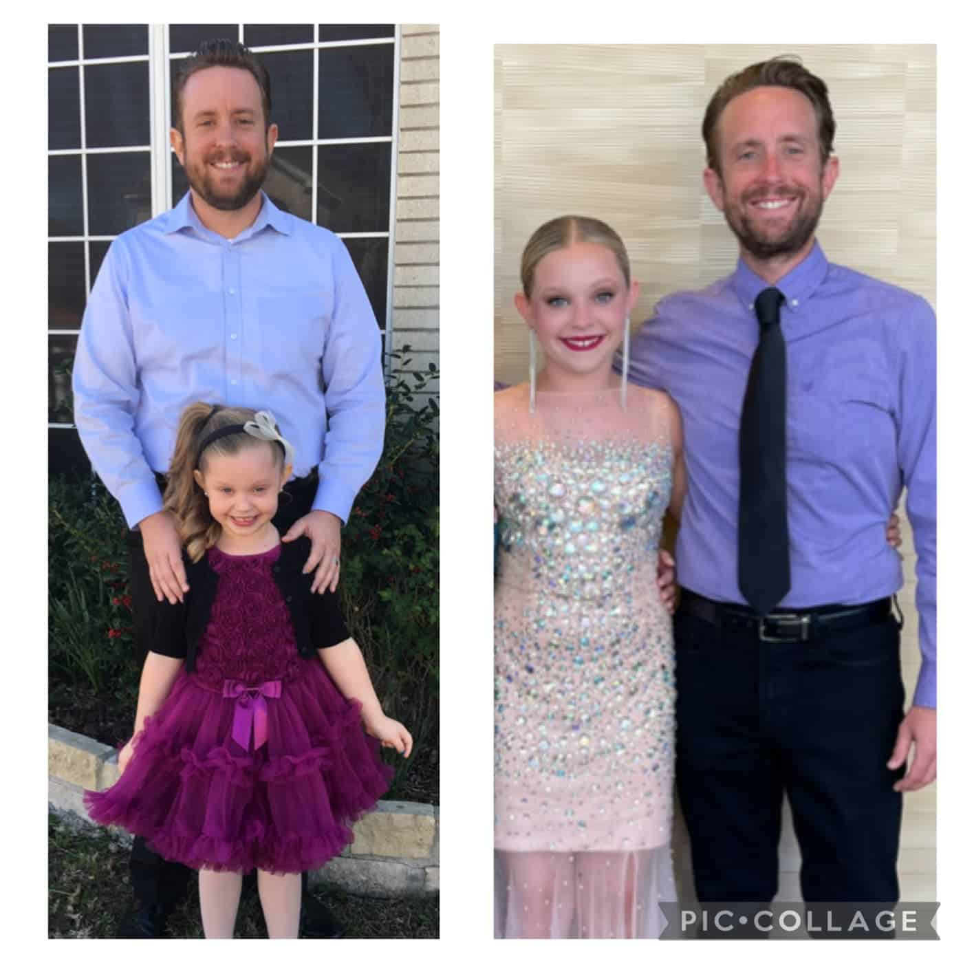 This image shows a side-by-side comparison of a father and daughter at two different time periods. On the left is an earlier photo showing a man in a light blue dress shirt standing behind a young girl in a purple/burgundy dress with a black cardigan. On the right is a more recent photo showing the same father and daughter, now older, both dressed formally - she's wearing a sparkly sequined dress and he's in a purple dress shirt with a black tie. The photos appear to show the passage of time, likely documenting a special occasion like a school dance or formal event at different stages of the daughter's childhood.